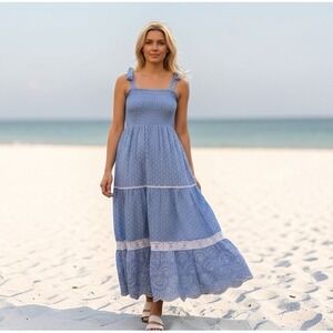 Shabby Chic Sundress 6 Maxi Smocked Blue White Striped Eyelet Ruffle Tiered